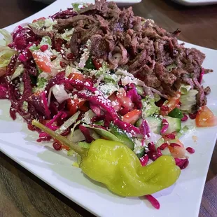 Greek salad... we added donar kabob on top