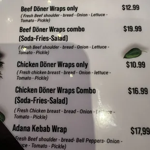 Chicken Doner Wrap prices