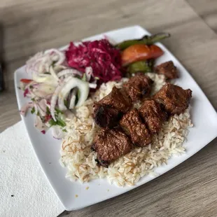 Steak kabob with rice