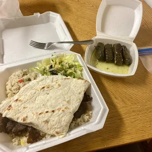 Lamb gyro (left) and dolma (right)
