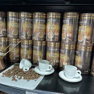 a display of coffee and coffee beans