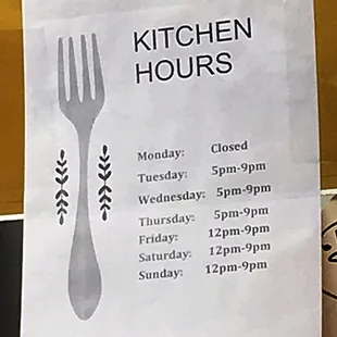 Kitchen hours as of February 2016