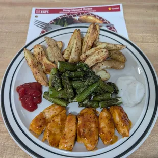 Honey Mustard Chicken with asparagus and fingerling potatoes.