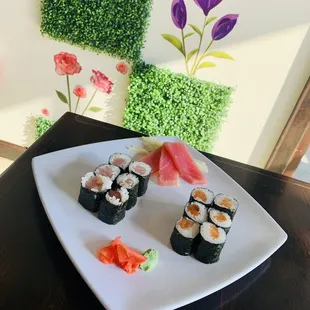 Tuna Sashimi, Tuna Roll and Salmon Roll
