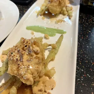 Deep fried asparagus with wasabi and white chocolate.