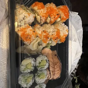 Philly roll, avocado maki and seared salmon