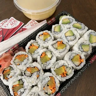 18 piece (3 roll)  w/ soup lunch special $11.99. Two R8. Veggie Roll and one R4. Avocado Roll with A1. Miso Soup