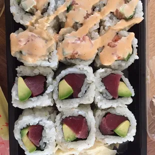 Spicy salmon on top Tuna roll on bottom
