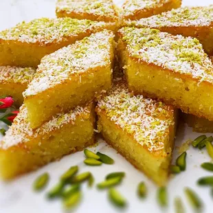 Syrup Cake ( Cake Sharbati)  Coconut and Pistachio topping, Saffron