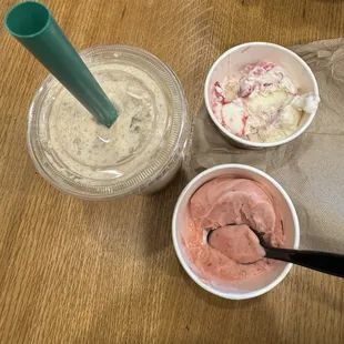 The classic boba, white chocolate raspberry ice cream and strawberry sorbet