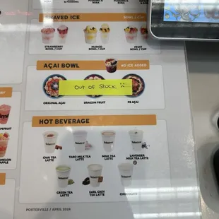 Frosty milk, shaved ice, açaí bowl and hot beverage