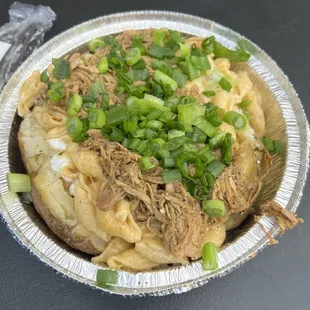 Chili verde Mac n cheese baked potato
