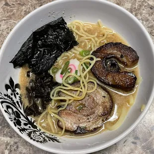tonkatsu with black garlic oil and pork belly. I had them leave off the egg. This is half.