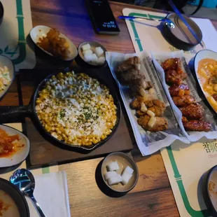 Corn cheese, honey butter wings, sweet and spicy wings, rose tteokbokki