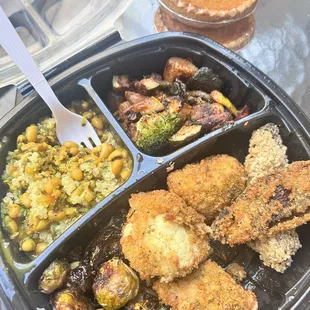 Black-eyed Peas, Grilled Veggies, Cauli Wings, Kickin Strips, sweet potato pie &amp; Brussels sprouts