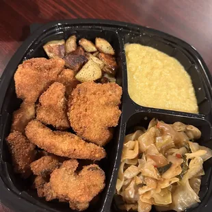 Cauli Wings. Collard Greens. Yellow Grits. Gold Hash potatoes