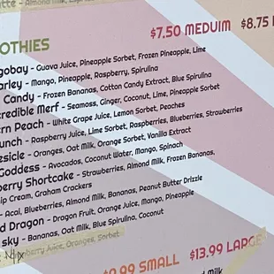 Sample of smoothie options