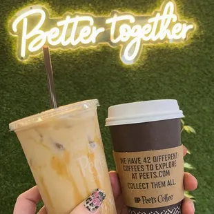 Caramel macchiato and lavender vanilla latte