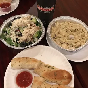 Chicken Cesar Salad and Chicken Alfredo Pasta with Garlic Twist