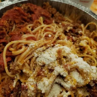 Spaghetti bolognese - greasy and flavorless. I added all that parm to try to make it palatable.