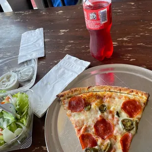 Pepperoni jalapeño pizza slice, garden salad and Big Red
