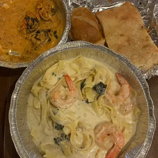 My leftovers!  Stuffed mushrooms, Shrimp Fettuccine &amp; bread!!!