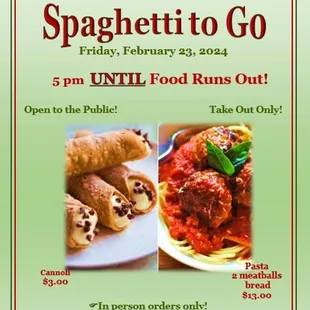 Spaghetti To Go the last Friday of each month!  Details in the flyer!  Looking forward to seeing you!