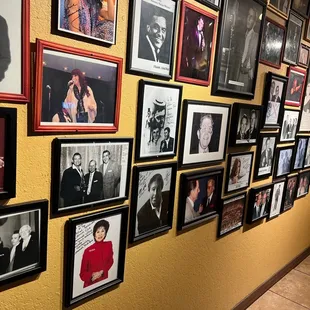 a wall of framed photographs