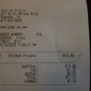 a receipt for a restaurant