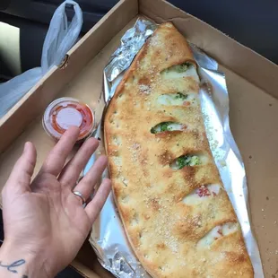 a person holding a pizza in a box
