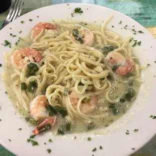 Shrimp Scampi over linguini