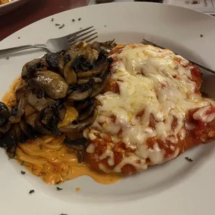 Chicken Parm with side of pasta with pink sauce and sauteed mushrooms. (modified Dish)
