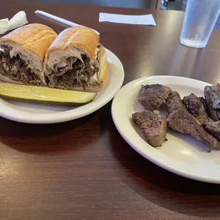 Steak &amp; Mushroom sammie with side of souvlaki.