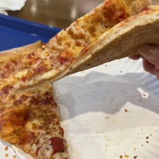 a hand holding a slice of pizza