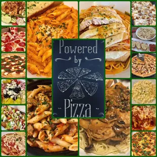 a collage of different pizzas