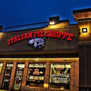 Storefront at night.