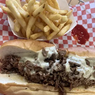 Cheese Steak Hoagie Sandwich and French Fries