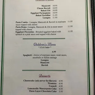 Baked Pastas, Children's Menu &amp; Desserts