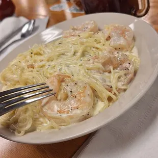 Shrimp alfredo with angel hair sticky