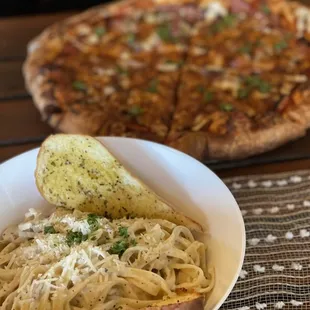 Fettuccine Chicken Alfredo and Prosciutto Pizza