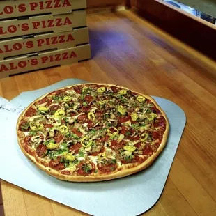 a pizza sitting on a table