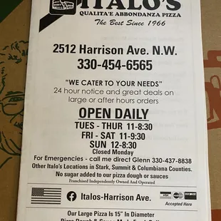 Menu (front) as of 16 May 2021