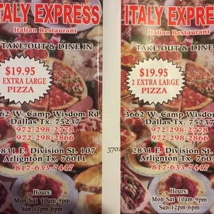 two menus for a pizza restaurant