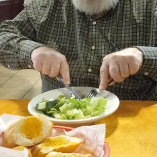 William enjoying his Salad &amp; Bread!  We love this place!!