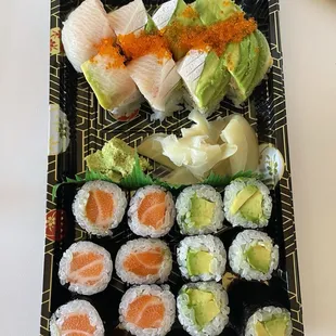 Nikkei roll, Salmon Belly roll, Avocado roll.