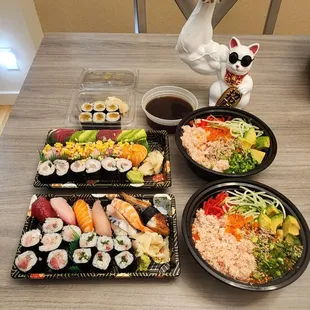 Variety of rolls, nigiri and Cold Cali Noodle Salad