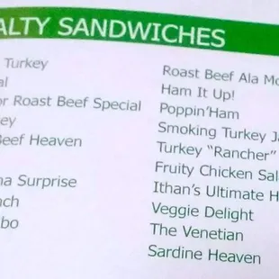 Ithan Food Market - menu (specialty sandwiches)