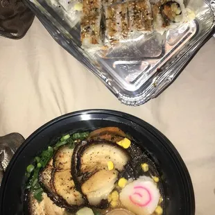 eel cucumber sushi roll, shoyu raman