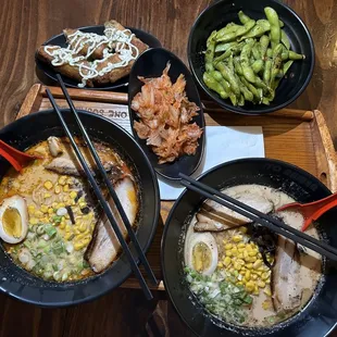 Our entire order! Tonkotsu Ramen, Spicy Tonkotsu Ramen, Edamame, 2 Piece Japan Eggroll, House kimchi