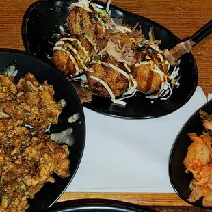 Karaage chicken, takoyaki octopus balls, and kimchi